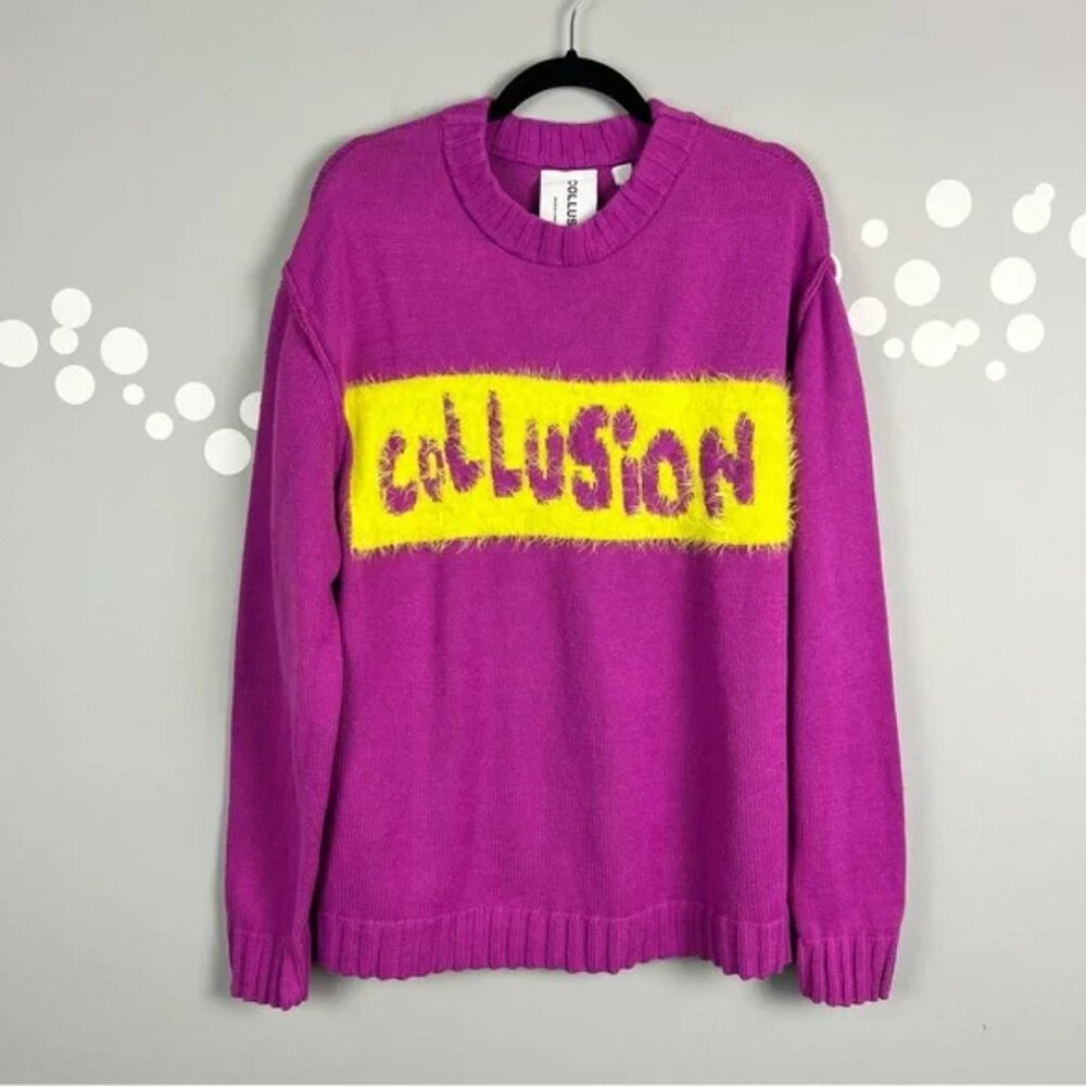 Collusion Unisex Logo Knit Sweater Size L Fuzzy Graphic Front